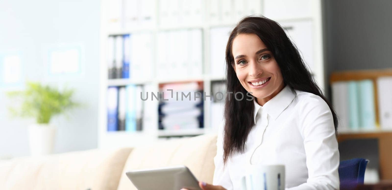 Portrait of joyful businesswoman sitting on comfortable sofa and looking at camera with calmness and self-confidence. Beautiful woman holding high-tech gadget. Hardworking lady worker concept