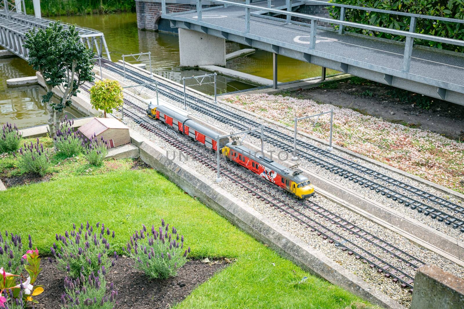 the haque,holland,09-07-2024:Toy dutch post train in a miniature city in Madurodam park, Netherlands.