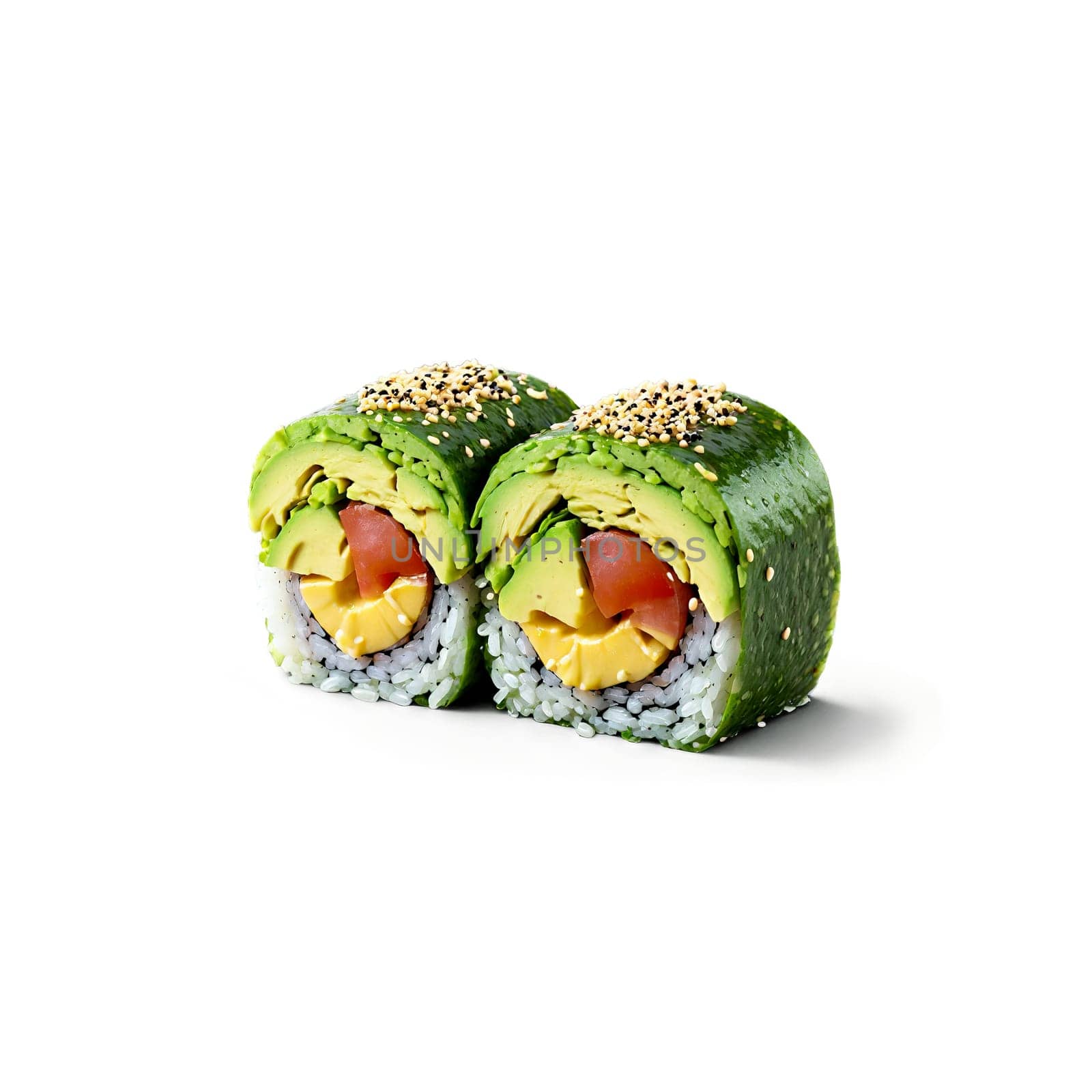 Avocado sushi roll vibrant green and tightly wrapped slicing apart with sesame seeds falling Food. Food isolated on transparent background.