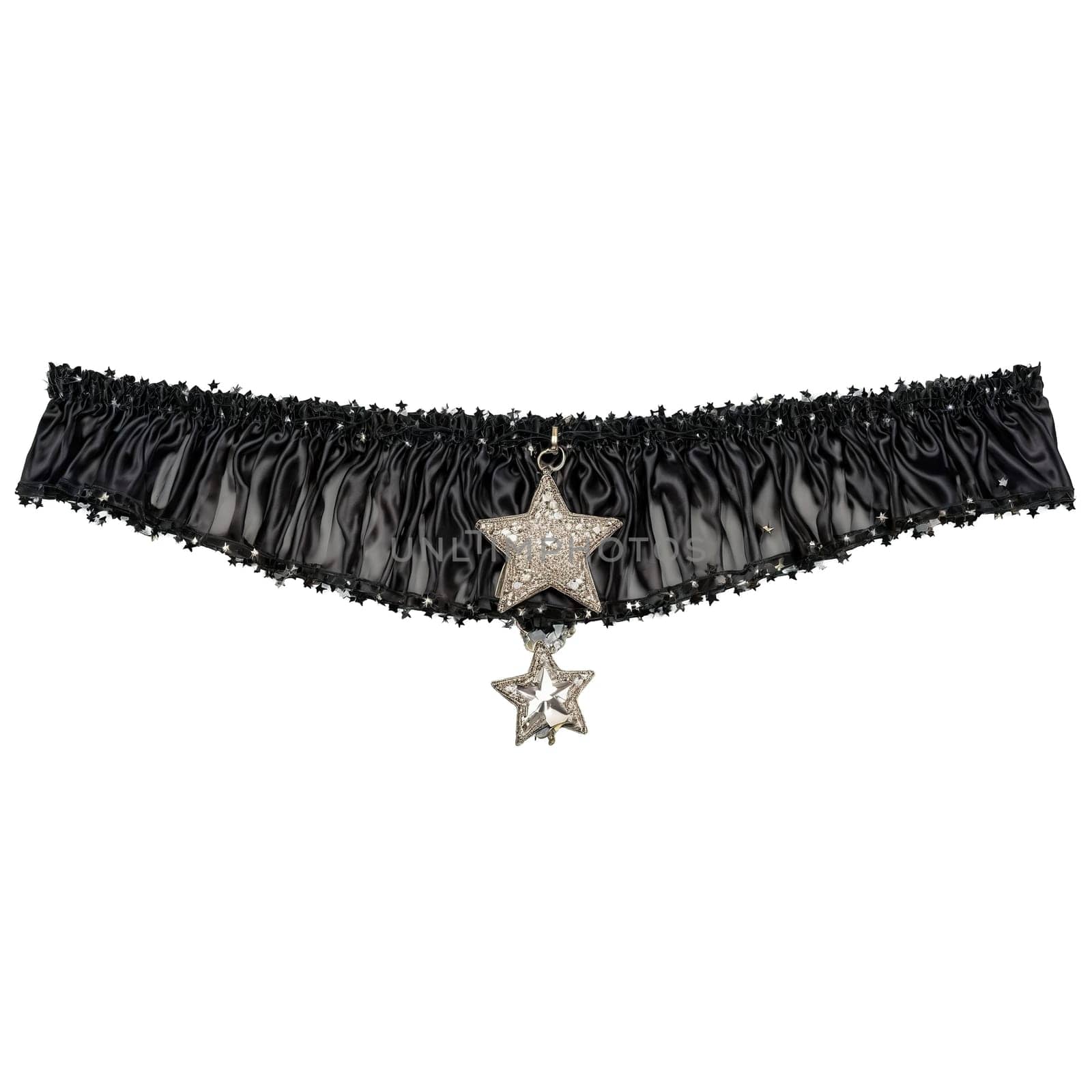 Midnight Magic black satin garter belt with sheer mesh panels and star charms isolated on. Woman lingerie isolated on transparent background.