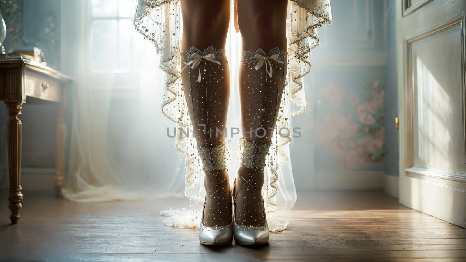 A bridal lingerie model with a dreamy gaze her lower body adorned in pearl embellished.