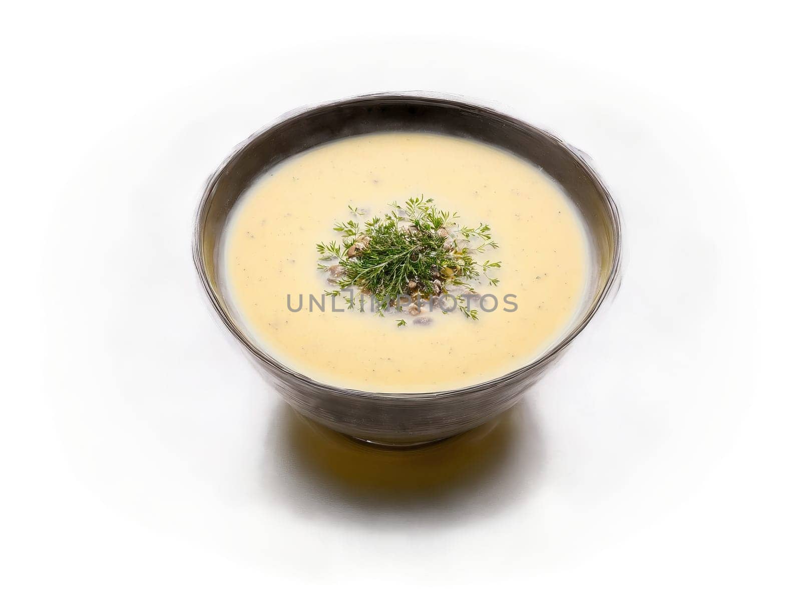 Autumn soup creamy mushroom with thyme and truffle oil served in a transparent glass bowl. Food isolated on transparent background.