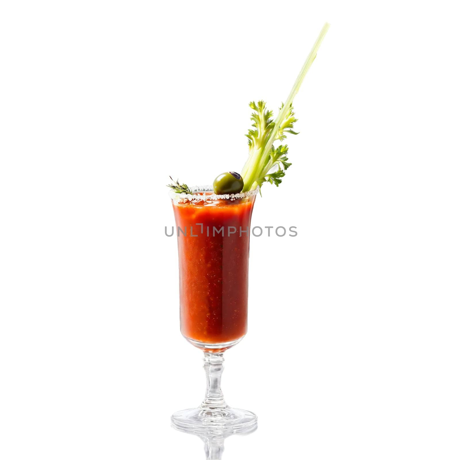 Bloody Mary glass tall and filled with bright red savory cocktail one empty and one. Food isolated on transparent background.