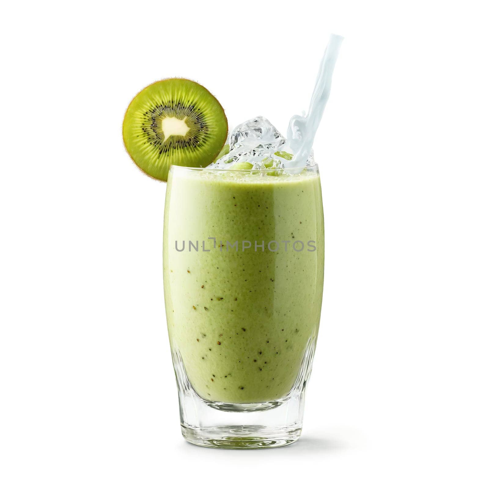 Kiwi smoothie with slices of kiwi yogurt and ice cubes whirling in a glass with. Food isolated on transparent background.