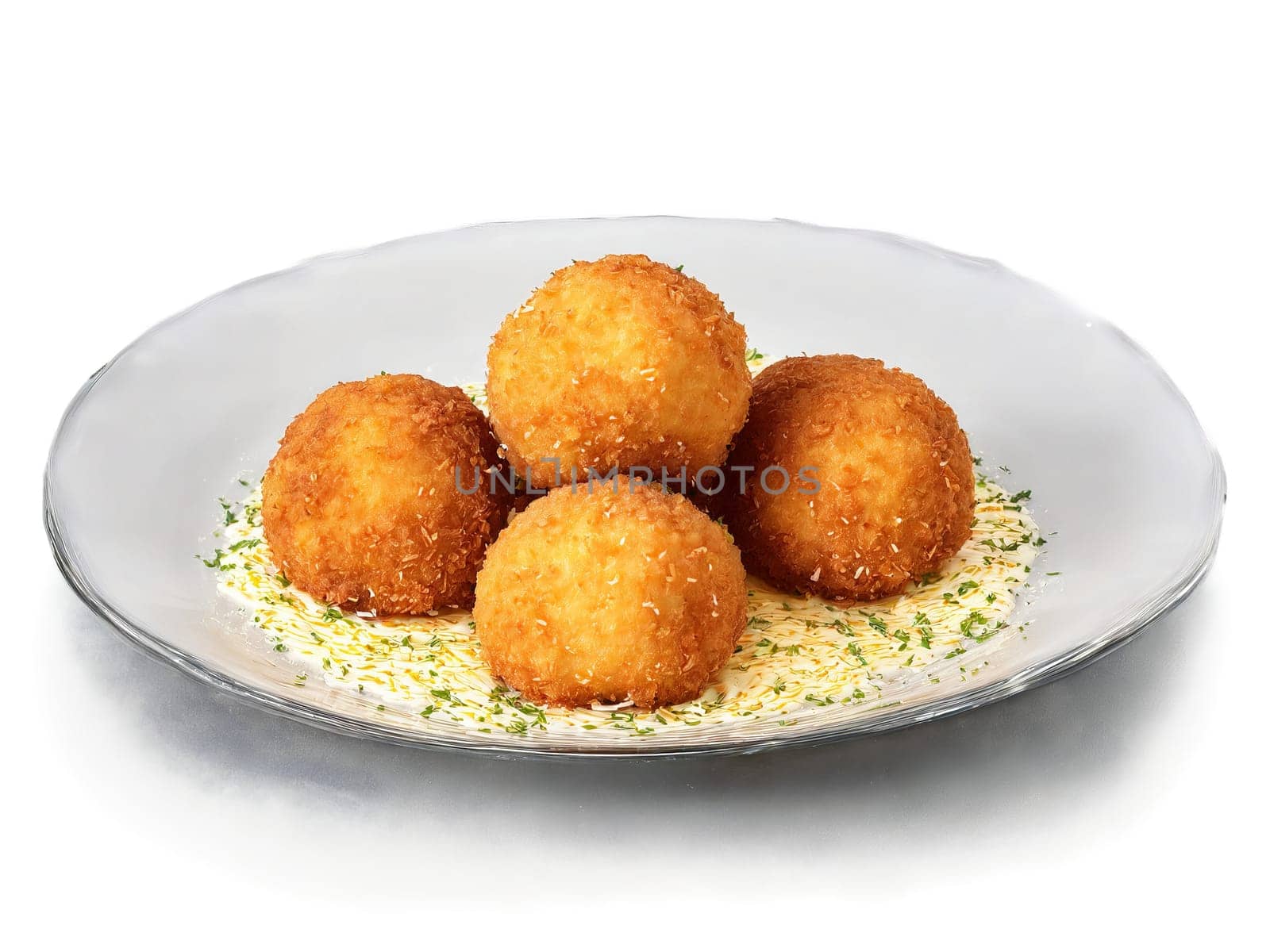 Arancini di Riso crispy fried risotto balls filled with mozzarella served on a transparent glass. Food isolated on transparent background.