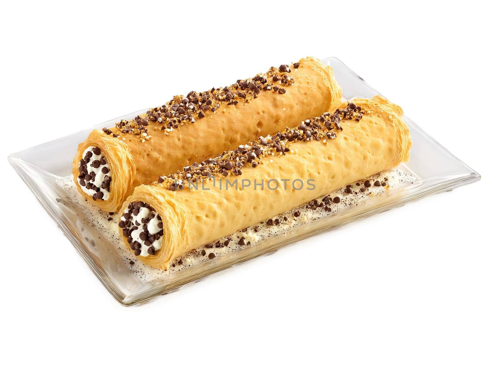 Cannoli Sicilian pastry tubes filled with sweet ricotta and chocolate chips served on a transparent. Food isolated on transparent background.