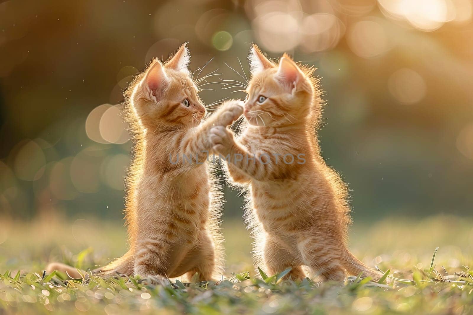 Two little fluffy red kittens on the lawn.