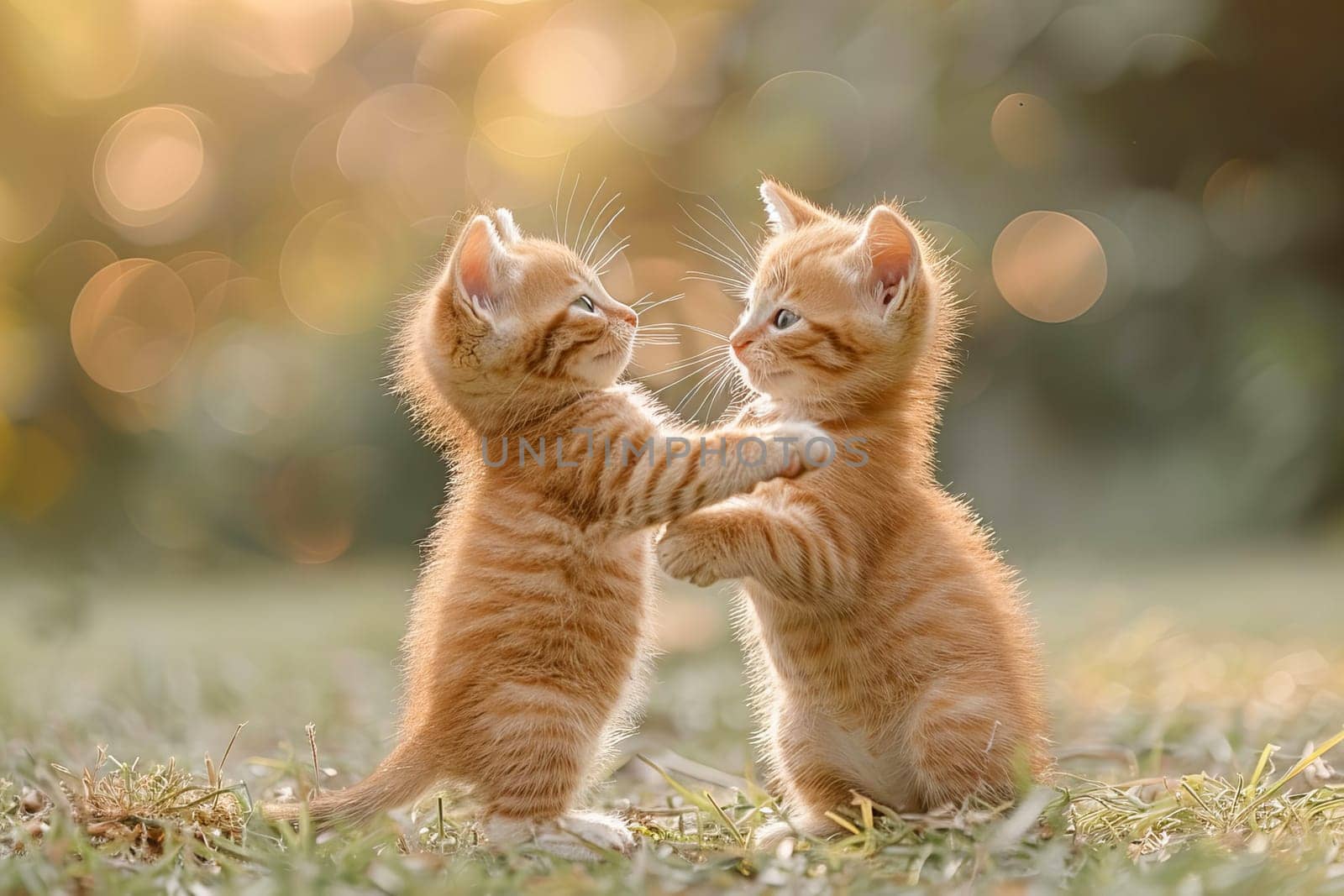 Two little fluffy red kittens on the lawn.