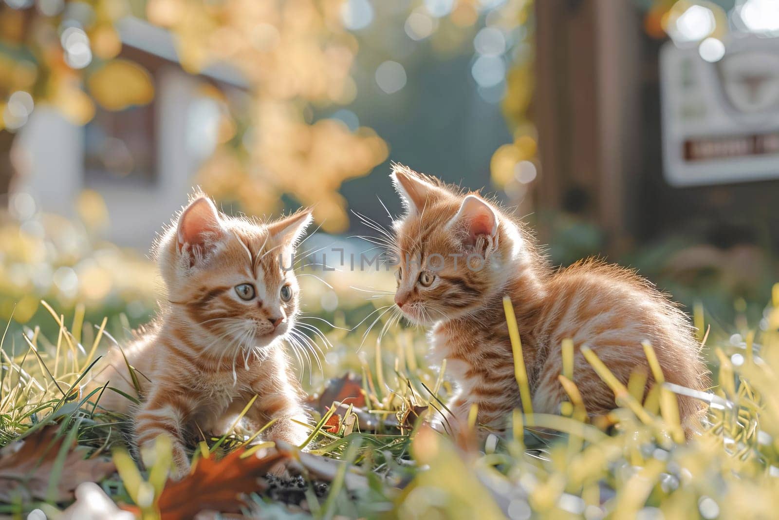 Two little fluffy red kittens on the lawn.