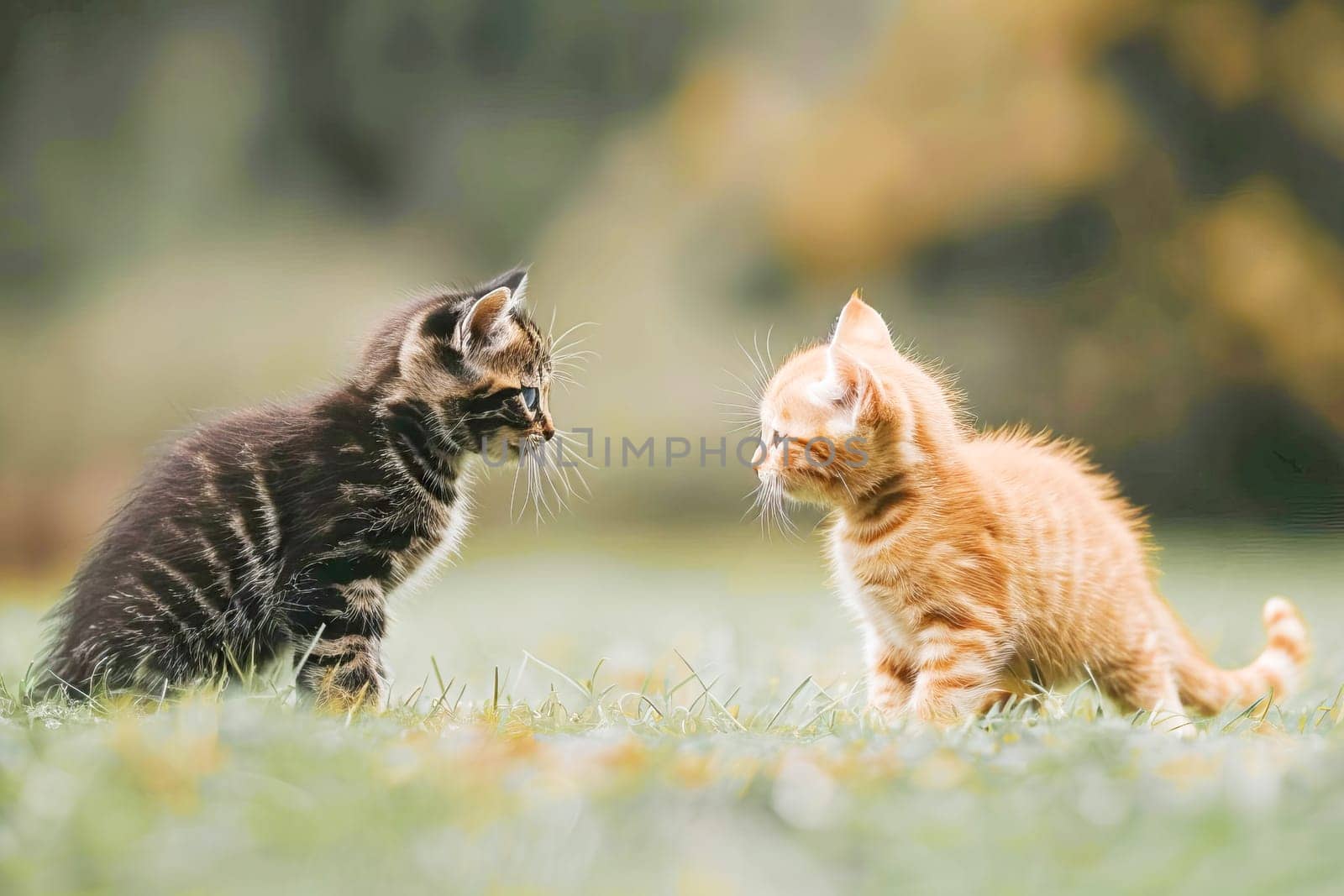 Two little fluffy red kittens on the lawn.