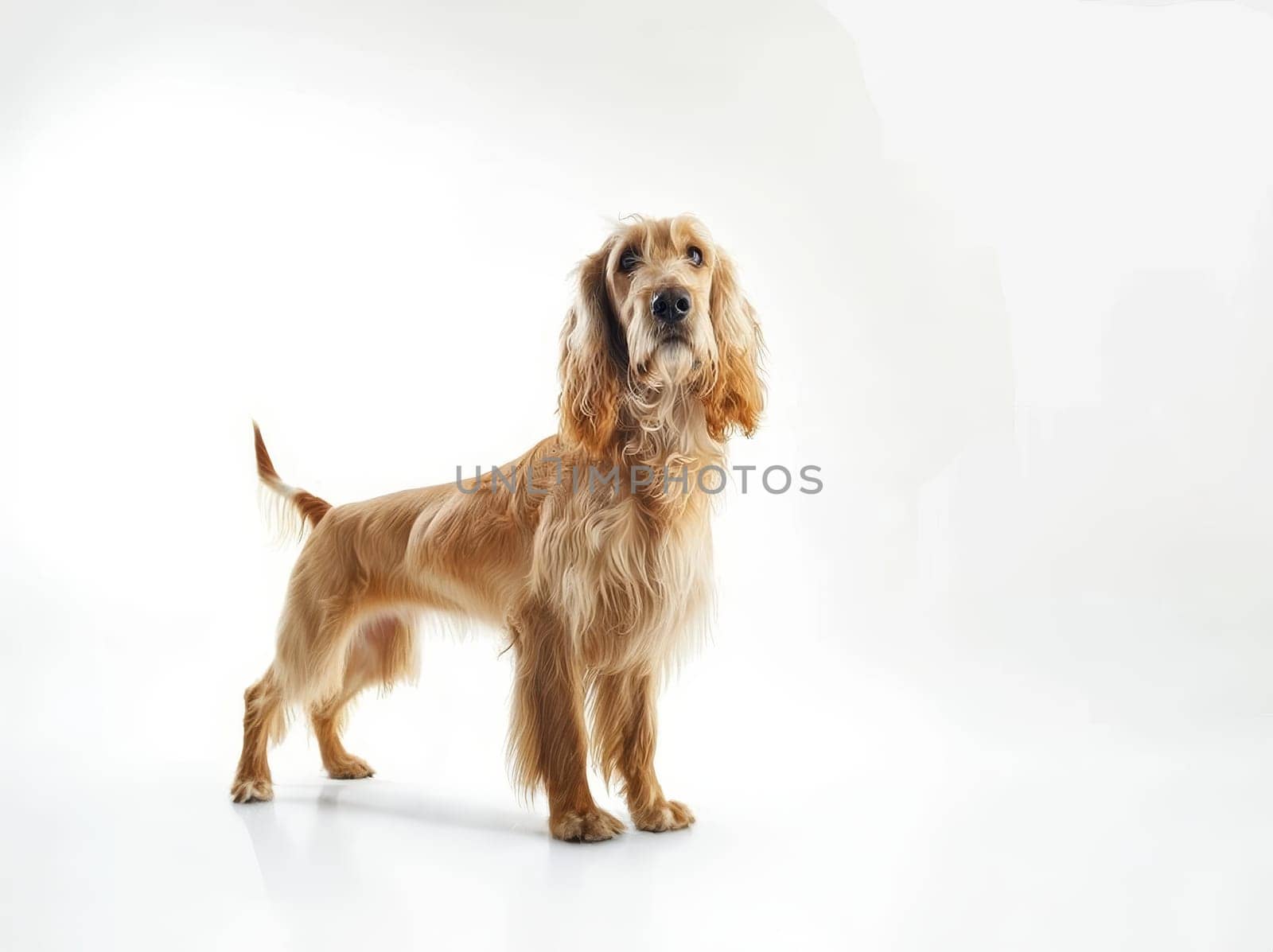 An inquisitive Afghan Hound looks on with curiosity, its luscious caramel locks framing a gentle face. The dog's spirited expression captures its playful and intelligent nature
