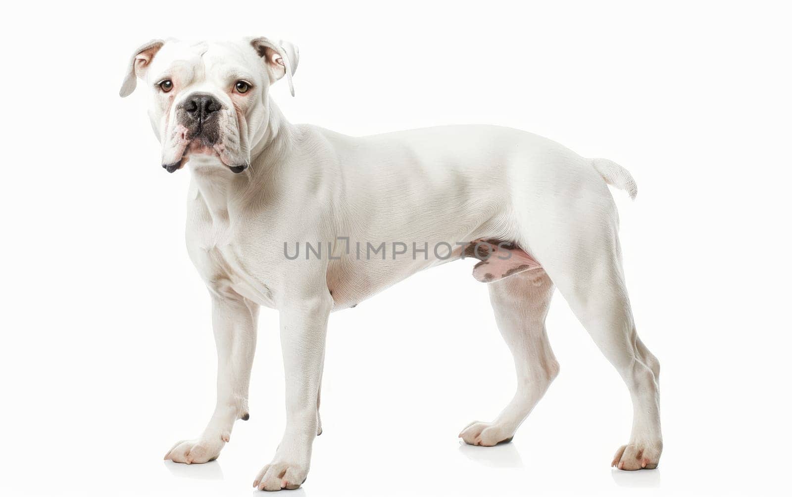 A white American Bulldog stands with a stoic expression, highlighting its muscular frame and focused gaze. The pure white coat contrasts sharply against the white background