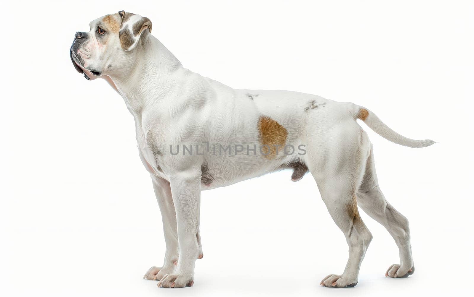 A brown and white American Bulldog stands in a classic pose, its strong body and attentive nature on full display. The contrasting coat colors enhance its dignified look