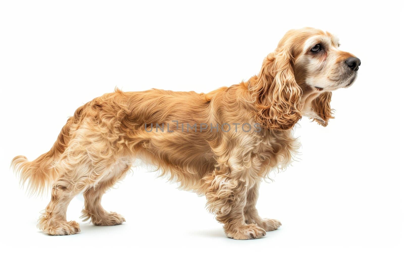 An alert American Cocker Spaniel stands with a gaze full of curiosity, its golden coat shimmering against the white background. This breed is known for its joyful and inquisitive nature