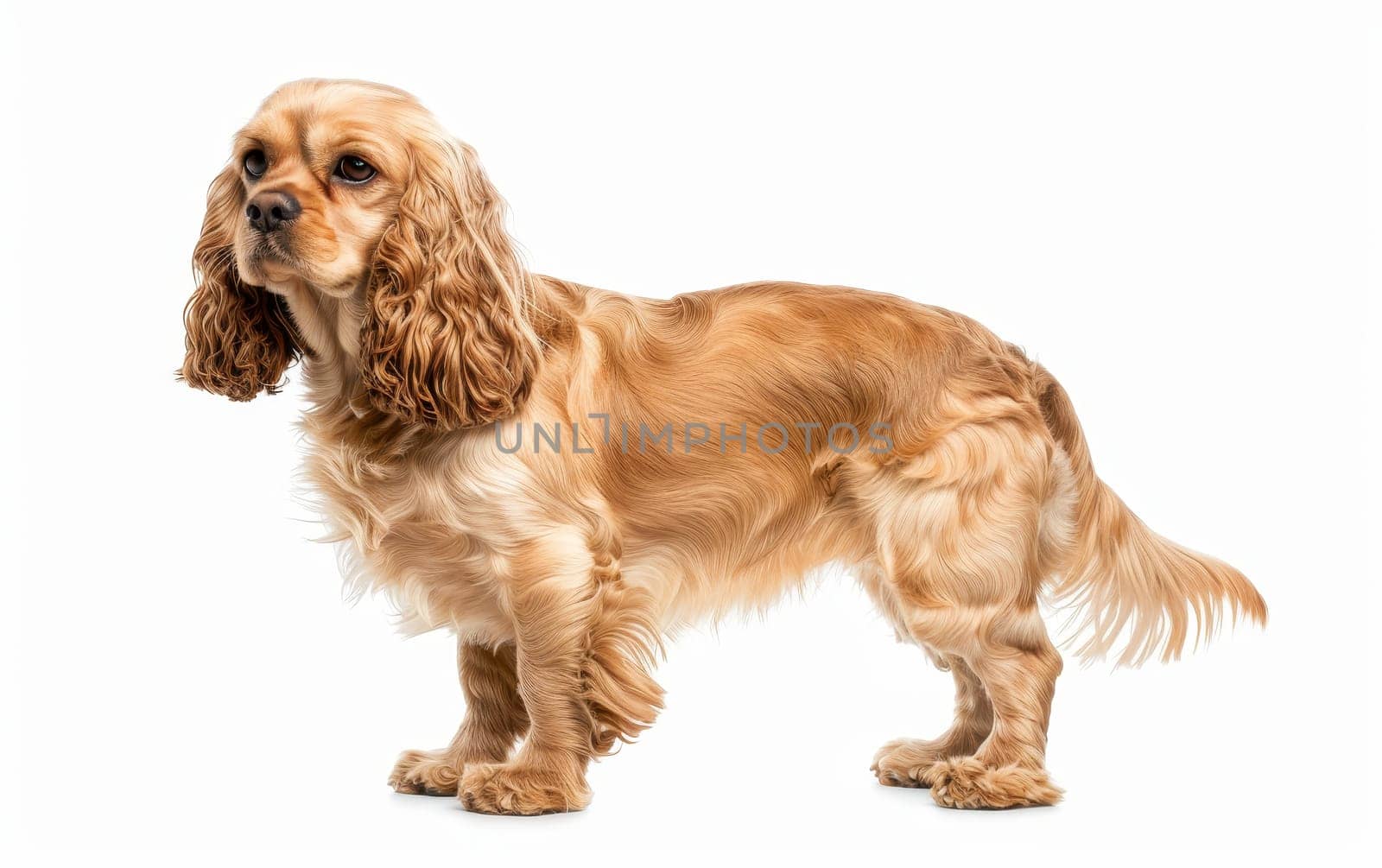 An alert American Cocker Spaniel stands with a gaze full of curiosity, its golden coat shimmering against the white background. This breed is known for its joyful and inquisitive nature