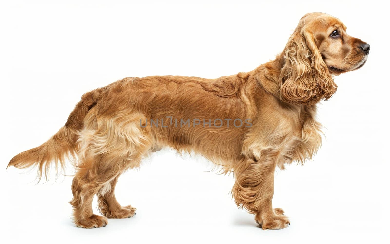 A poised American Cocker Spaniel stands in profile, showcasing its lush golden coat and refined silhouette. The breed's friendly disposition and beauty are on full display