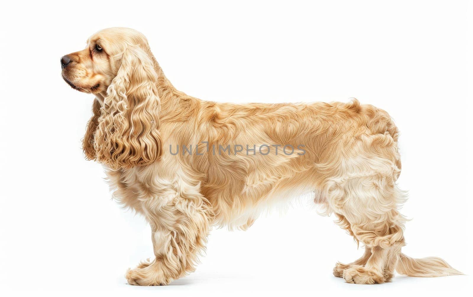 A poised American Cocker Spaniel stands in profile, showcasing its lush golden coat and refined silhouette. The breed's friendly disposition and beauty are on full display