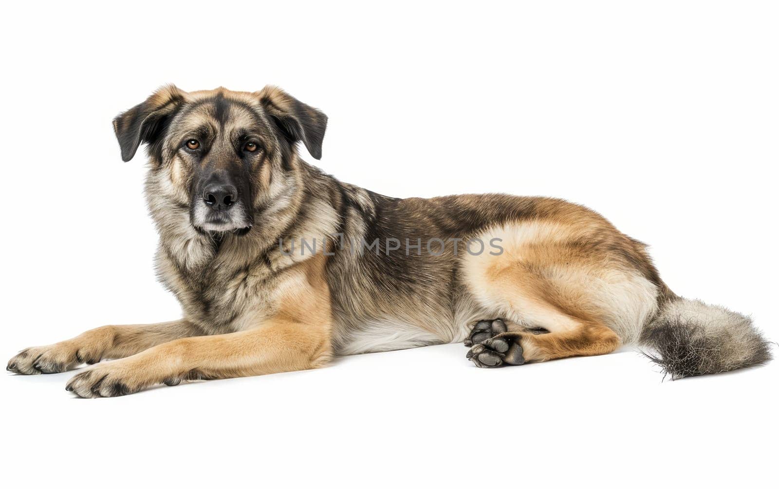 An Anatolian Shepherd Dog lies down, its intelligent gaze and powerful build conveying a serene strength. The dog's tan and black coat is both striking and lush