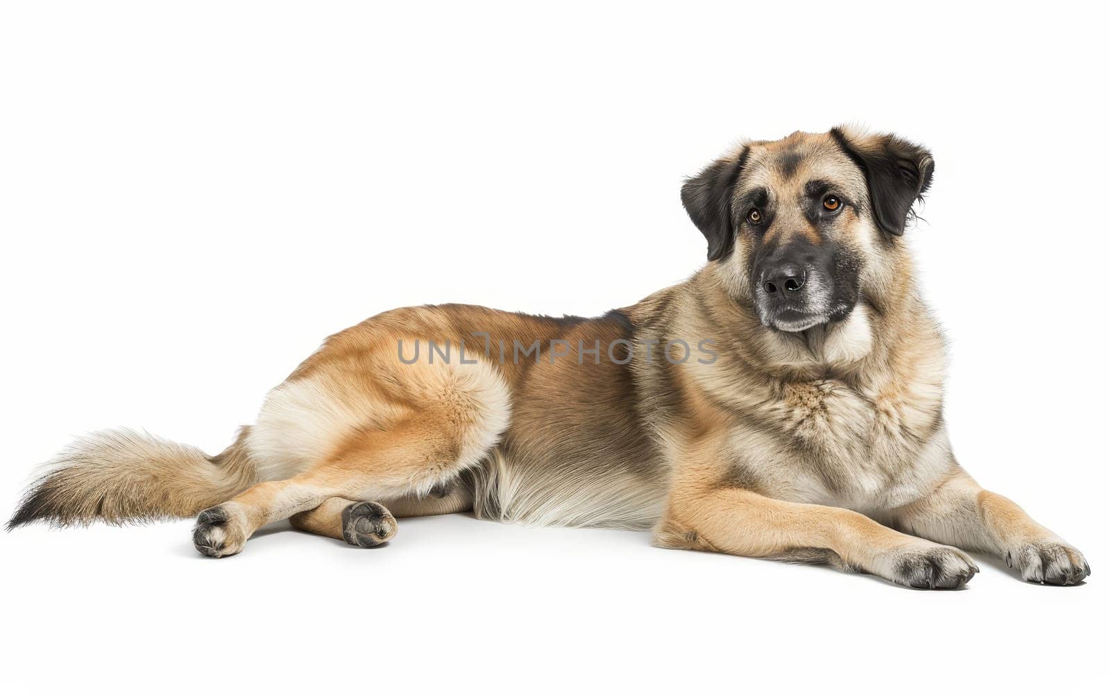 An Anatolian Shepherd Dog lies down, its intelligent gaze and powerful build conveying a serene strength. The dog's tan and black coat is both striking and lush