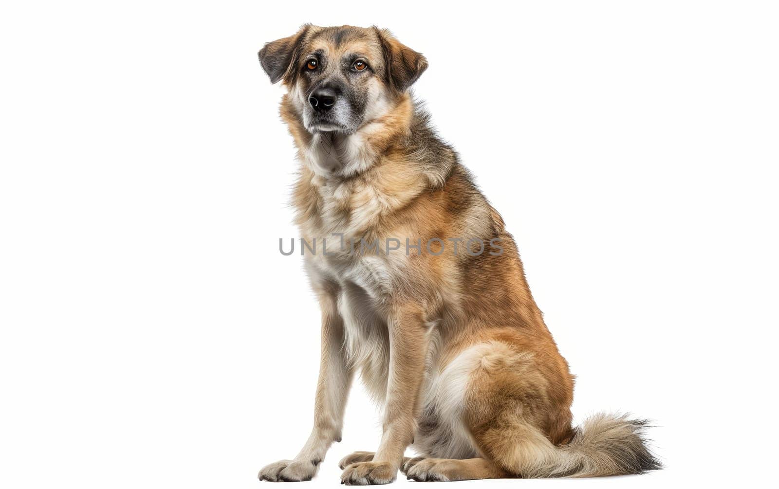 An Anatolian Shepherd Dog sits alert, its keen eyes and perked ears indicative of its vigilant nature. The tan coat with black markings adds to its noble appearance