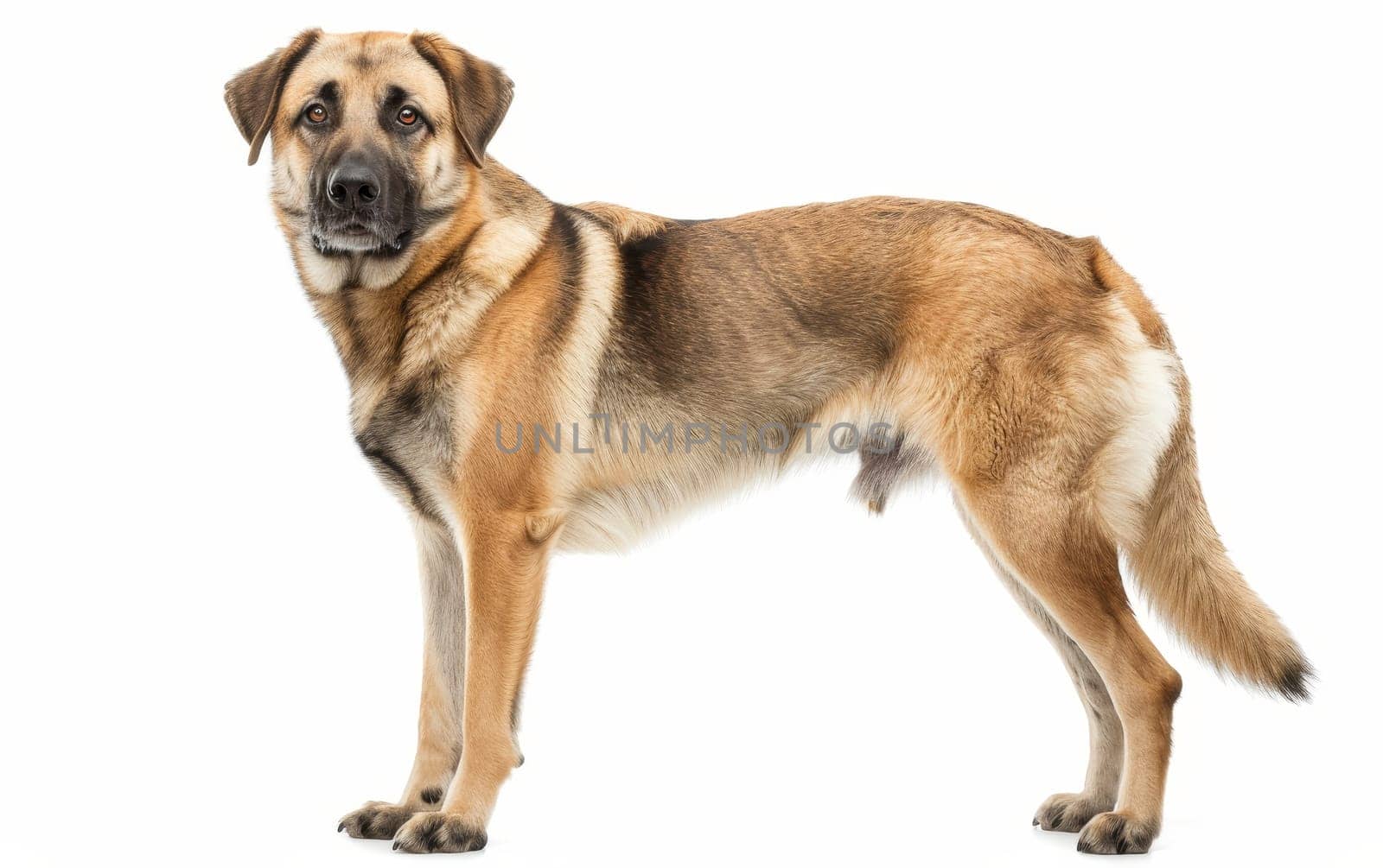 A standing Anatolian Shepherd Dog is captured in profile, showing off its muscular silhouette and dense tan coat. This breed is known for its endurance and protective instinct