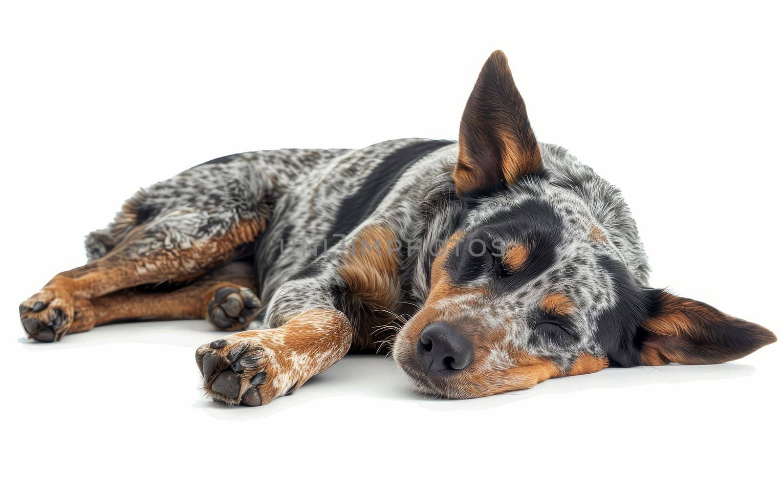 A sleeping Australian Cattle Dog shows a serene side, its speckled coat and peaceful demeanor contrasting its usually energetic spirit