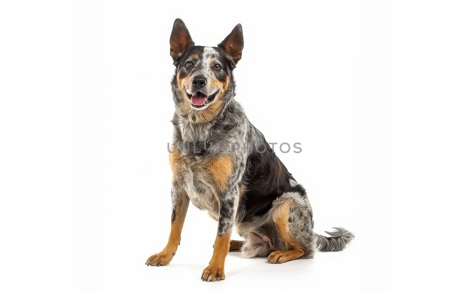 A cheerful Australian Cattle Dog sits attentively against a white background. Its alert eyes and perked ears showcase the breed's intelligence and energy