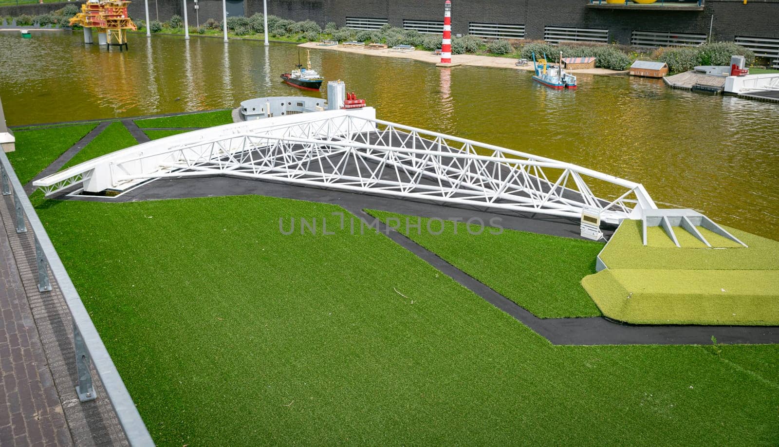 den haque,holland,9-07-2024:,the maesland barrier, part of the dutch delta works replica as a tourist attraction in Madurodam park buildings from all parts of the Netherlands.