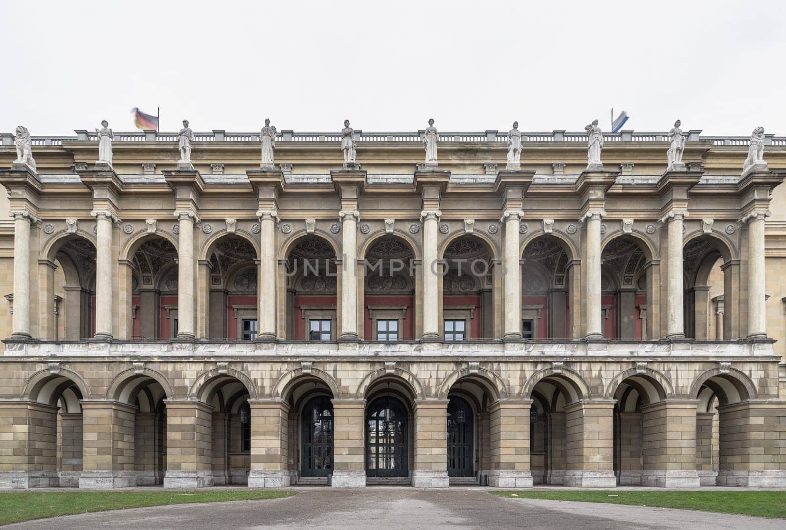 Munich, Germany - Dec 21, 2023 - Architecture exterior of The Munich Residence in Renaissance baroque style, View from the Court Garden, Space for text, Selective focus.