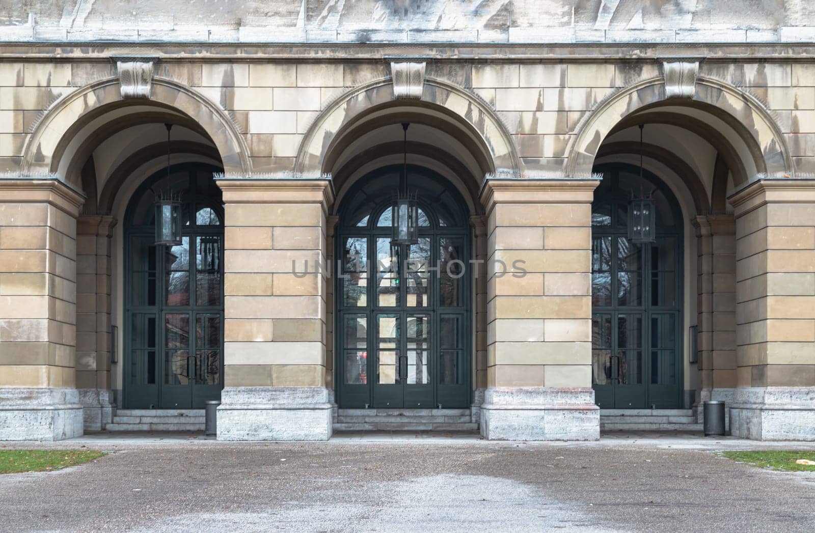 Munich, Germany - Dec 21, 2023 - Arched entrance of The Munich Residence. Architectural detail of Renaissance baroque style, Space for text, Selective focus.