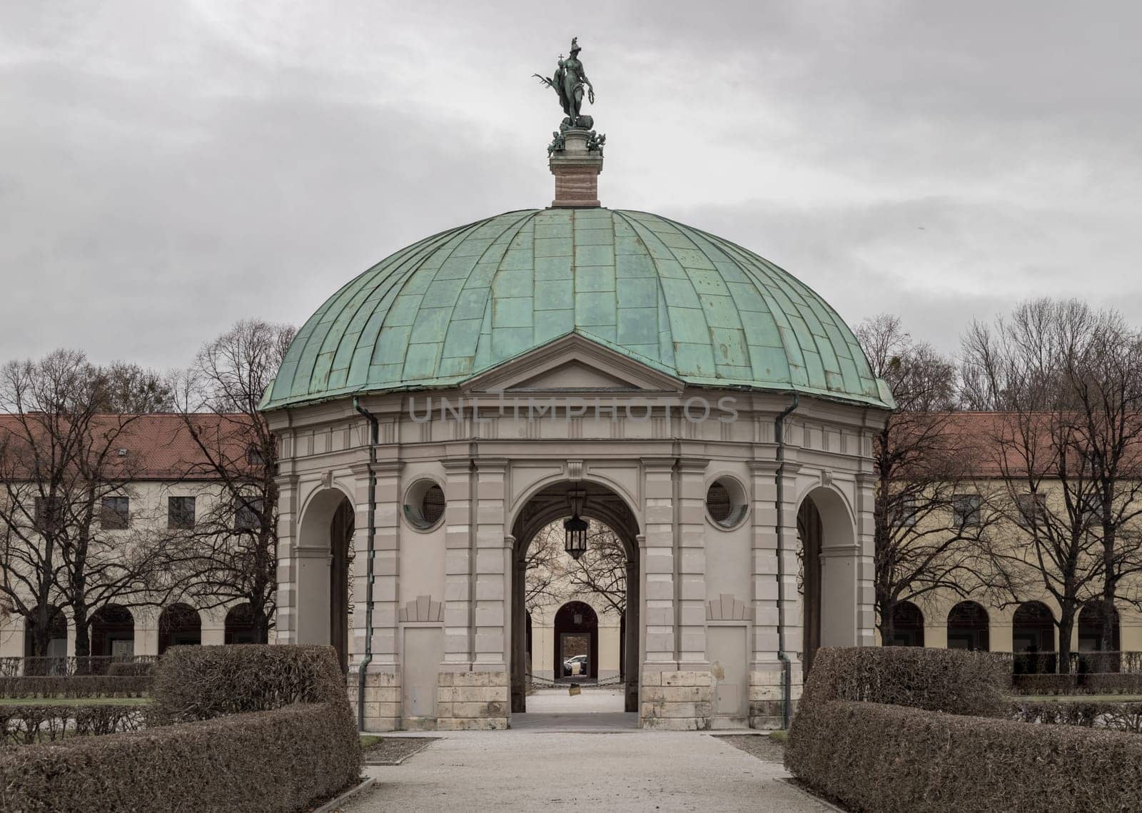Munich, Germany - Dec 21, 2023 - View of The Diana Temple (Dianatempel) in the Munich Hofgarten at the garden of the Munich Residenz. Space for text, Selective focus.