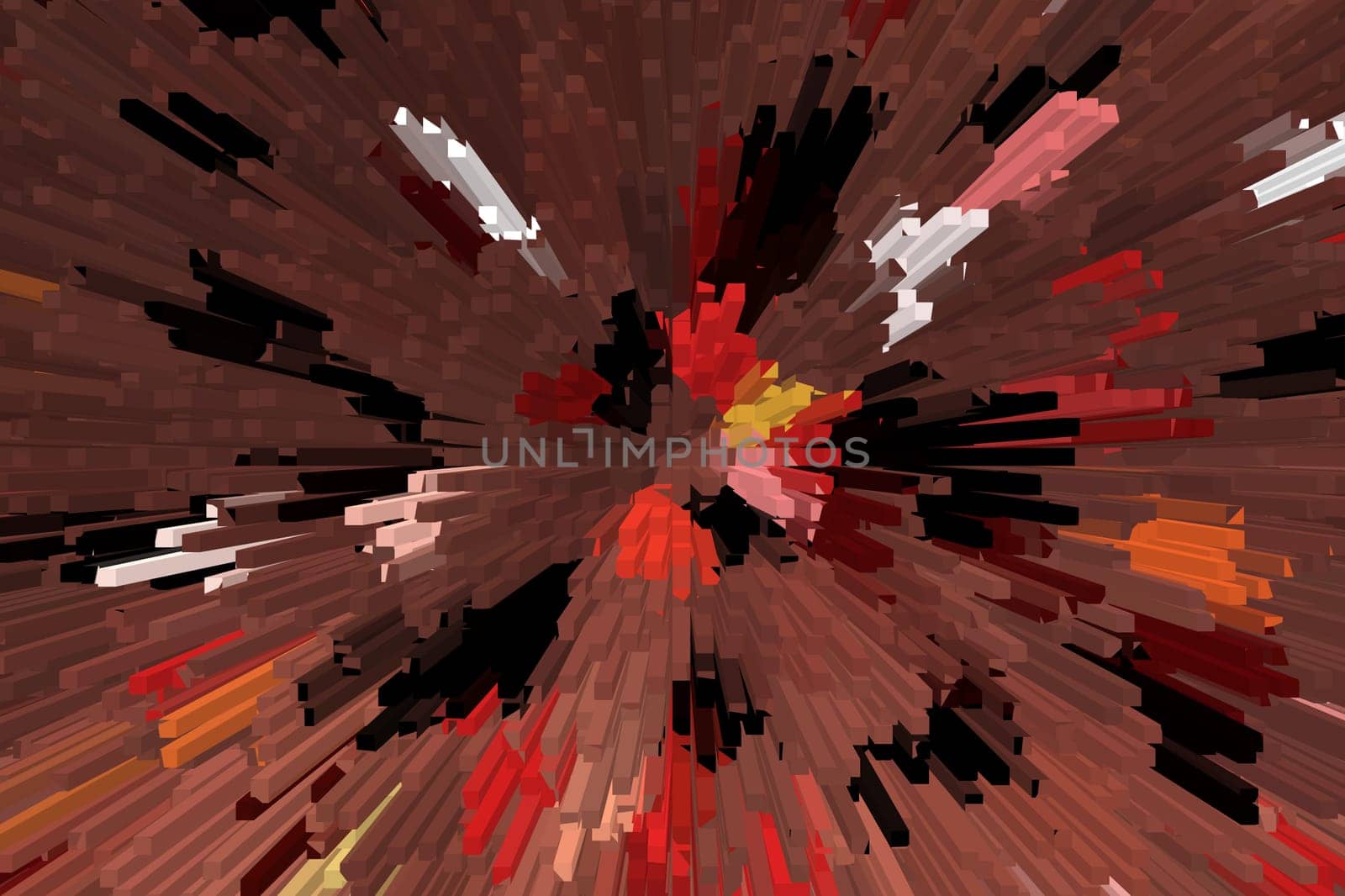 Pixelated, brown background subject to the extrusion effect with multi-colored spots. Simulation of a pixel explosion.