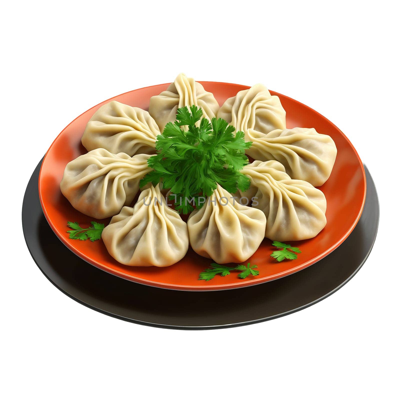 Georgian khinkali dumplings meat filling twisted top served on a plate parsley garnish Culinary and. close-up food, isolated on transparent background