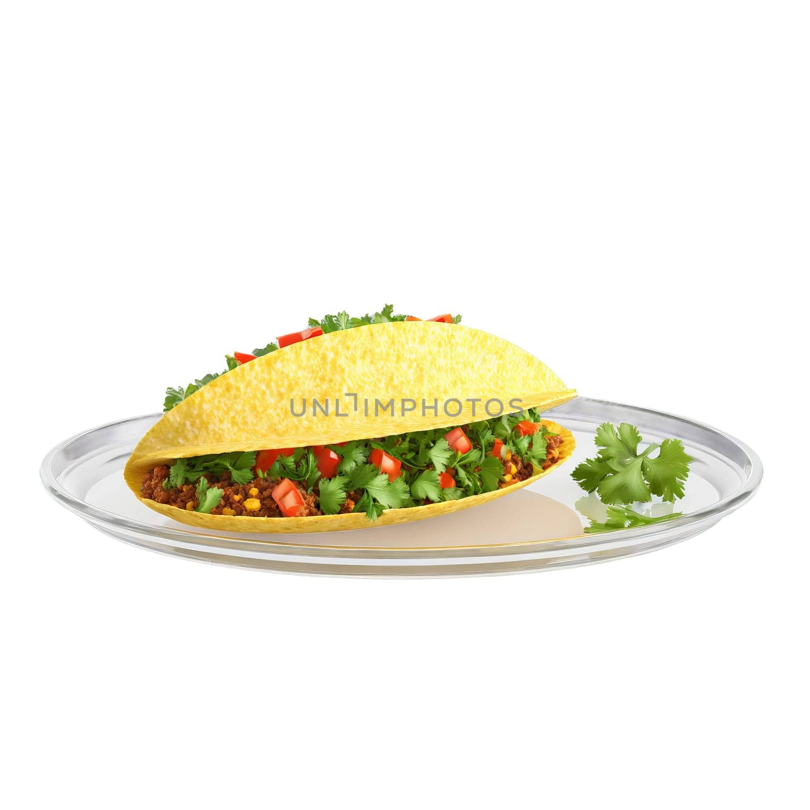 Breakfast taco overstuffed in glass holder cilantro leaves drifting Food and Culinary concept. Food isolated on transparent background.