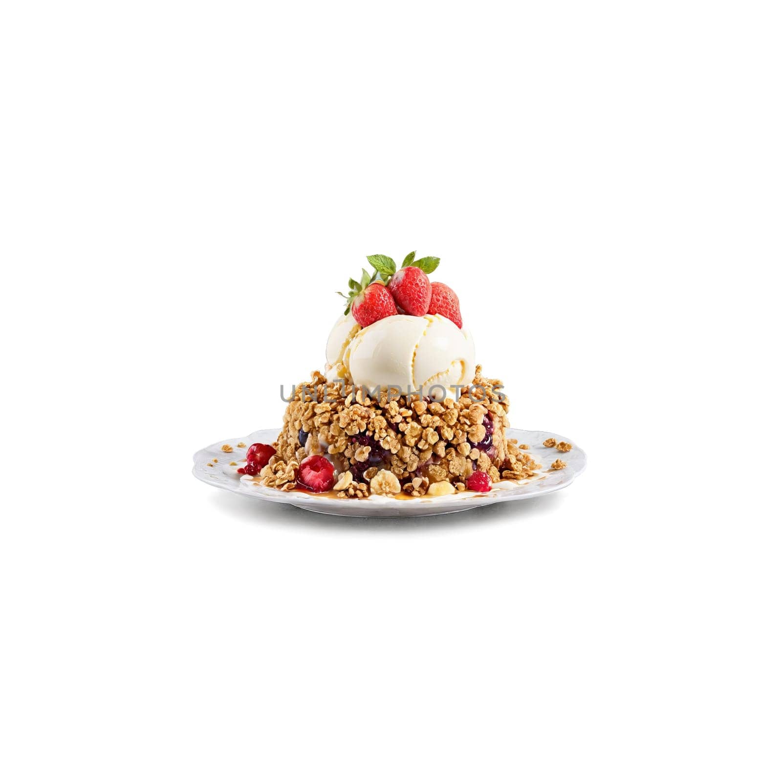 Granola fruit crumble golden and bubbling steaming and revealing filling with a scoop of ice. Food isolated on transparent background.