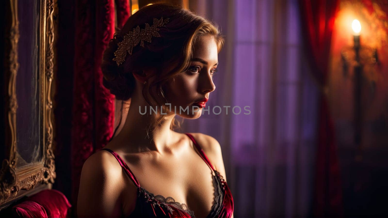 Model in romantic velvet lingerie deep reds and purples candlelit ambiance vintage romance.