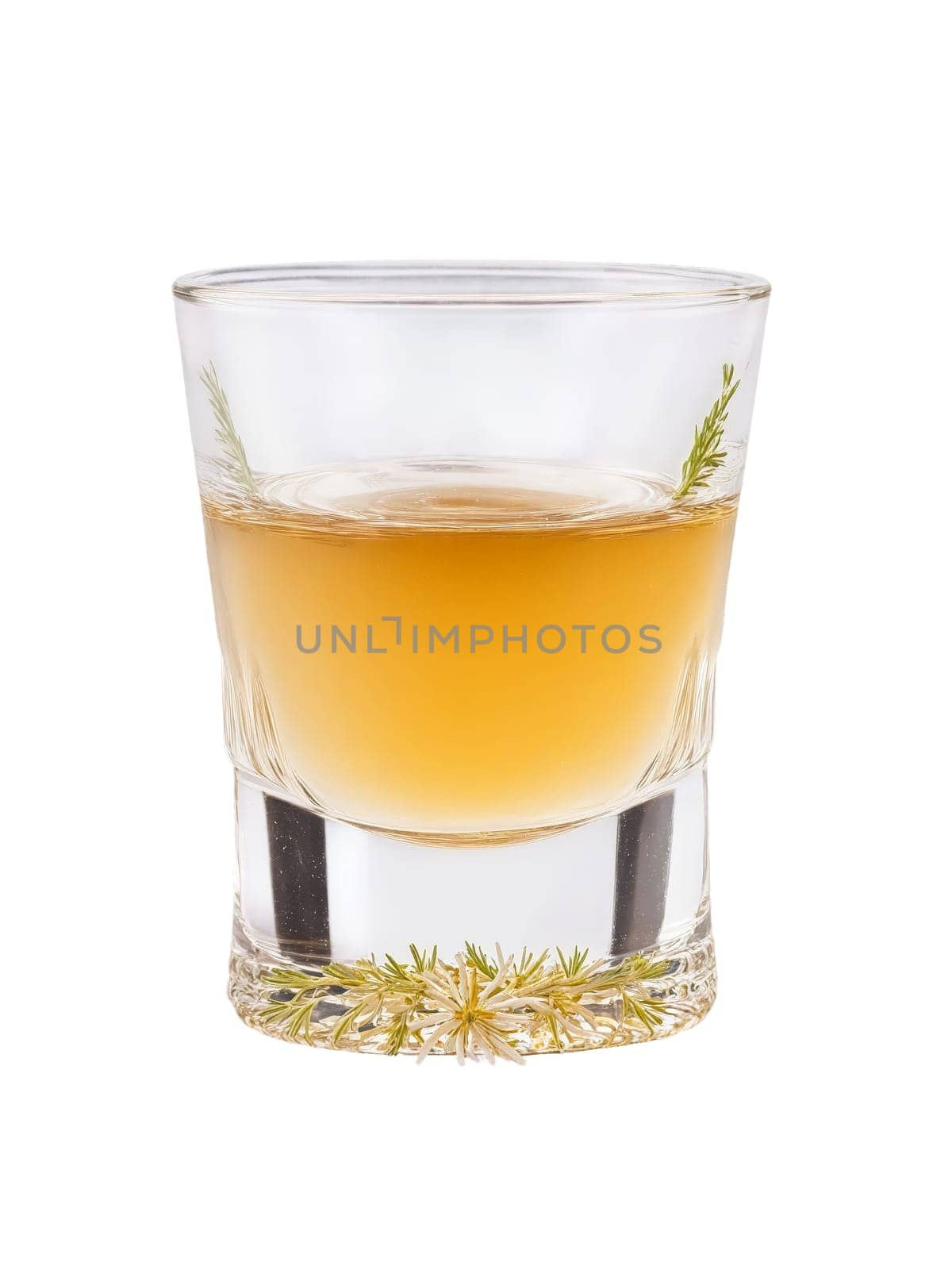 Scandinavian Akvavit Chilled shot glass of caraway flavored spirit. Drink isolated on transparent background.