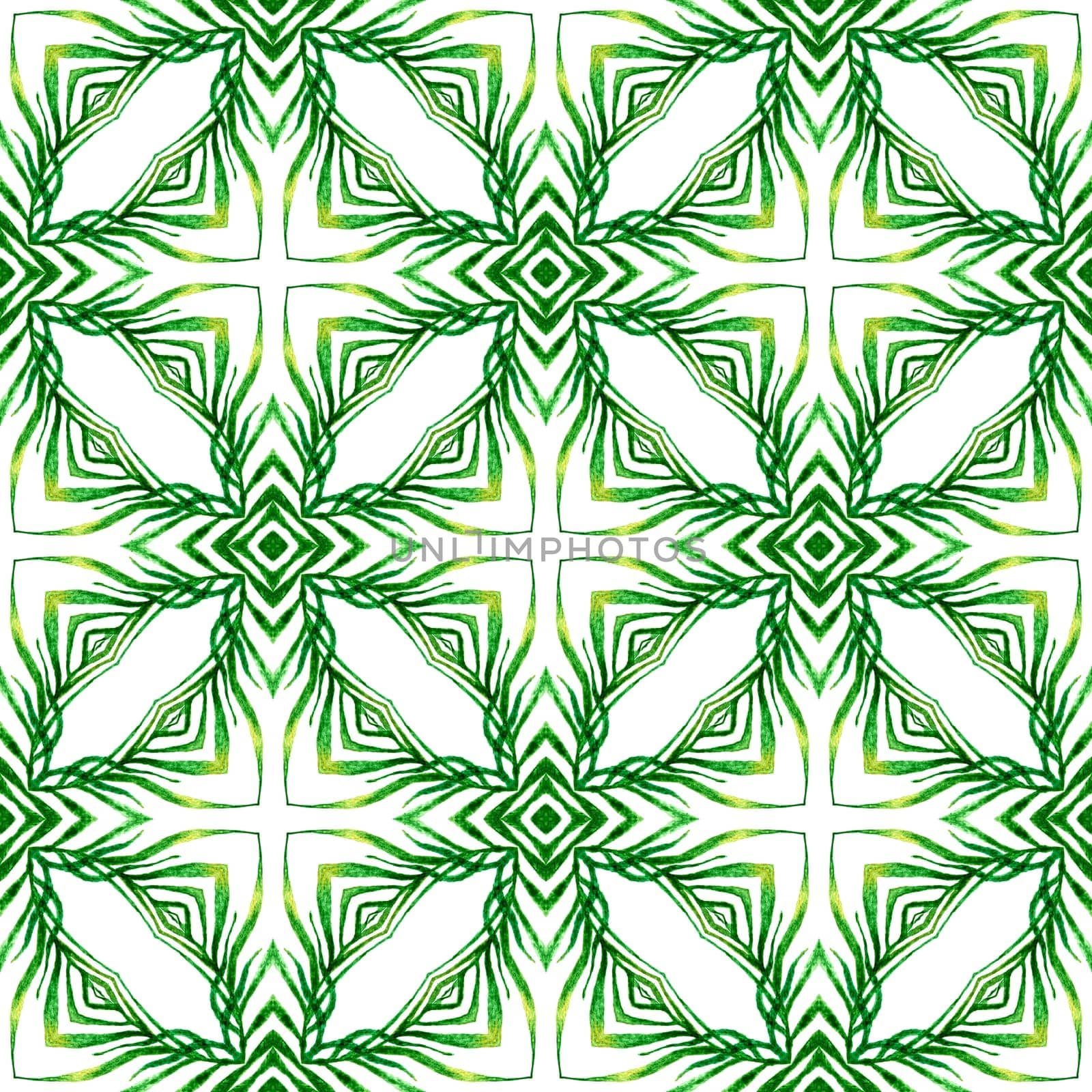 Ikat repeating swimwear design. Green fantastic boho chic summer design. Watercolor ikat repeating tile border. Textile ready valuable print, swimwear fabric, wallpaper, wrapping.