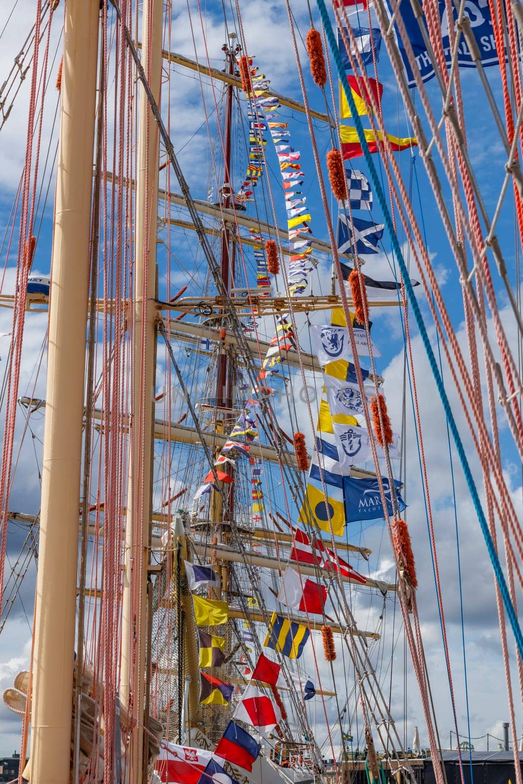 Finland, Helsinki - July 5th 2024: The Tall Ships Races 2024 in Finland, view of ship Dar Mlodziezy and Pogoria and visitors at Helsinki Old Market Square