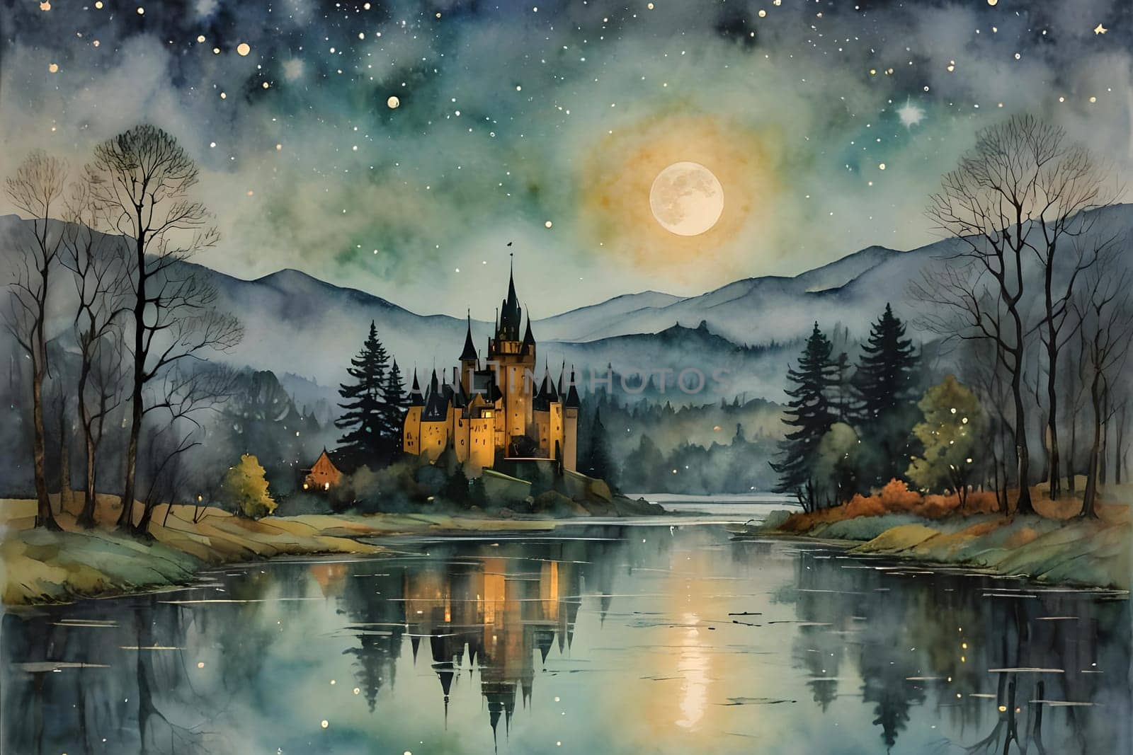 Castle at a lake in the moonlight.  A dreamy watercolor landscape. It's an enchanted world.