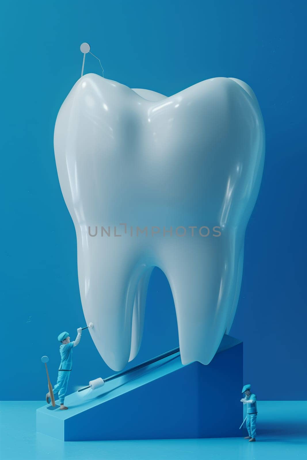 Two miniature figures wearing blue scrubs paint a large, white tooth on a blue podium.
