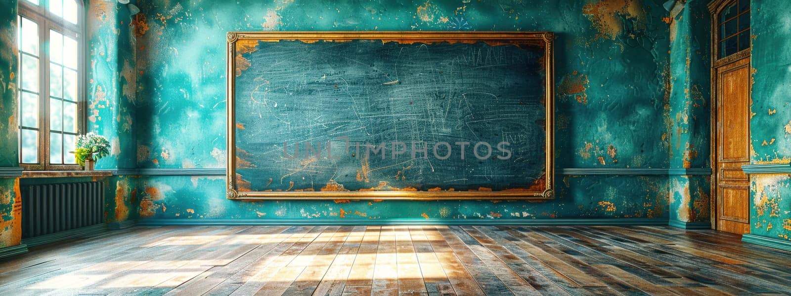 An old classroom with a large vintage chalkboard, aged turquoise walls, and sunlight streaming through tall windows, creating a nostalgic atmosphere.