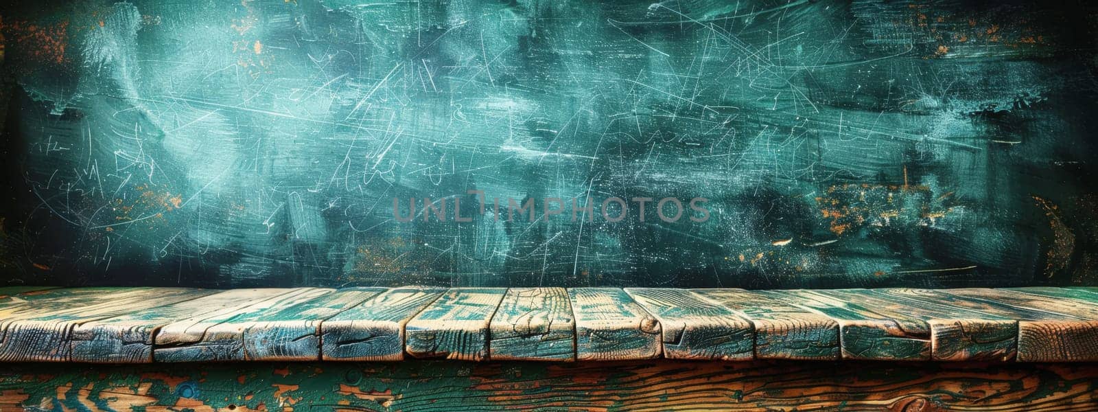 A beautifully aged classroom with a large vintage blackboard, sunlight streaming through the window, and wooden floors, evokes nostalgia and charm.