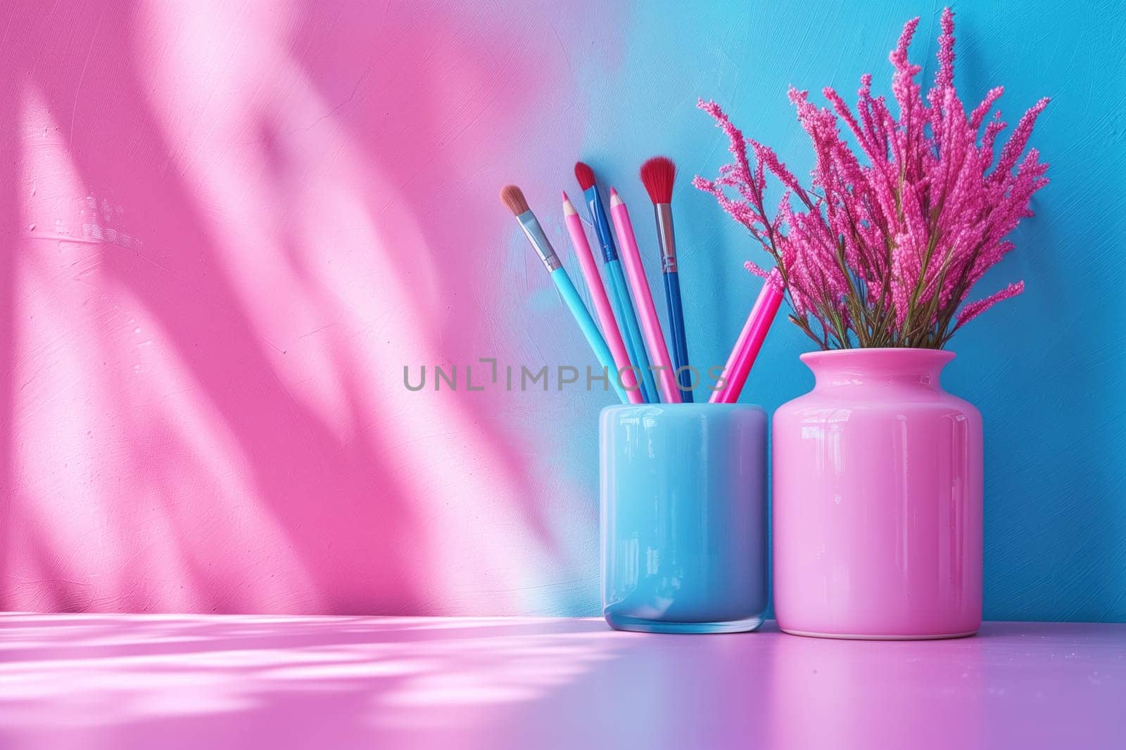 A colorful and artistic back-to-school scene featuring pink and blue stationary, pencils, and brushes in vibrant vases, symbolizing creativity and learning.