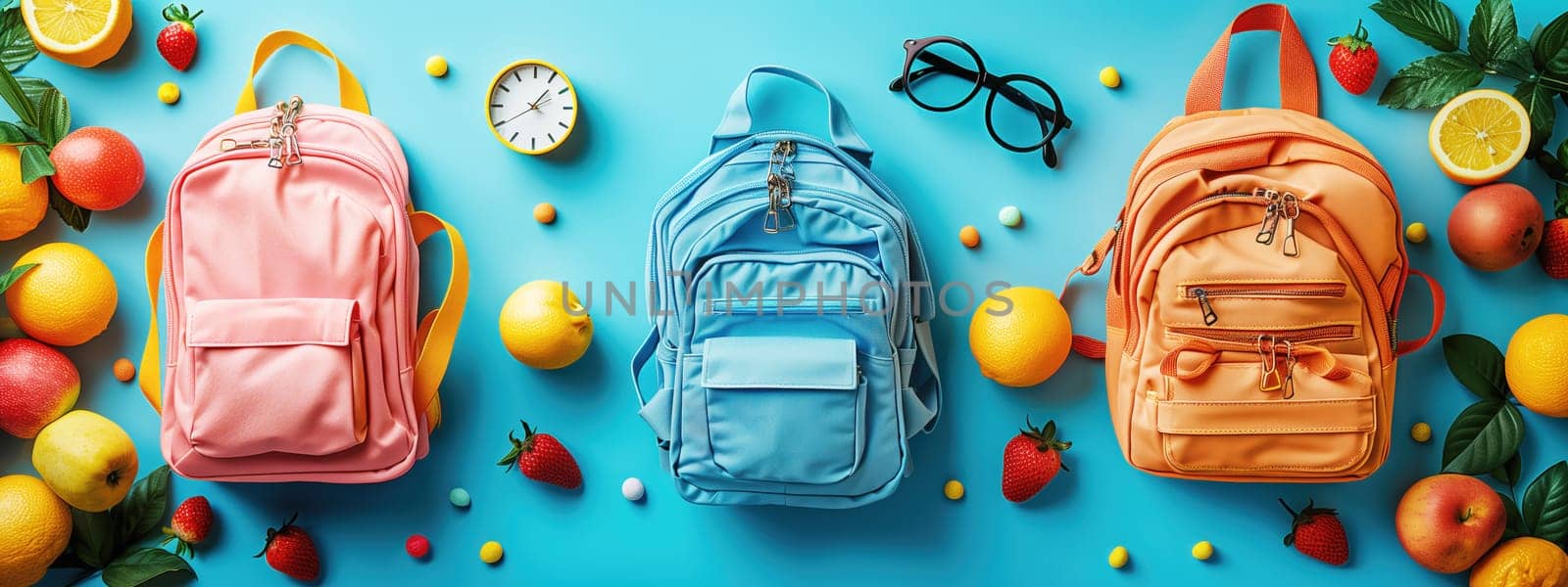 Vibrant backpacks and colorful fruits arranged on a blue background, symbolizing the cheerful and fresh start of a new school year