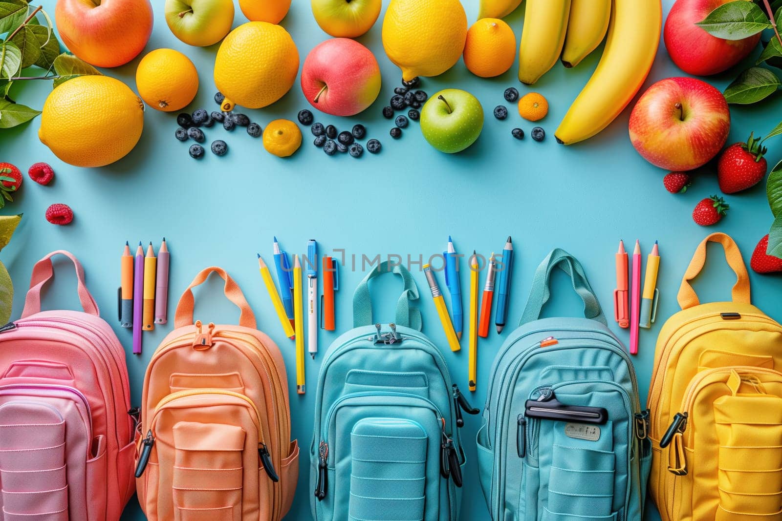 Vibrant backpacks and colorful fruits arranged on a blue background, symbolizing the cheerful and fresh start of a new school year