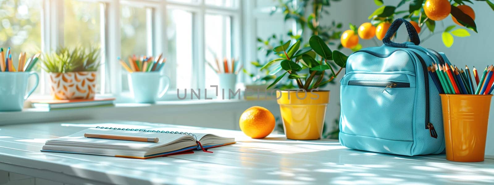 Bright and cheerful study space with a blue backpack, colorful pencils, and potted plants, perfect for a productive and organized back-to-school season