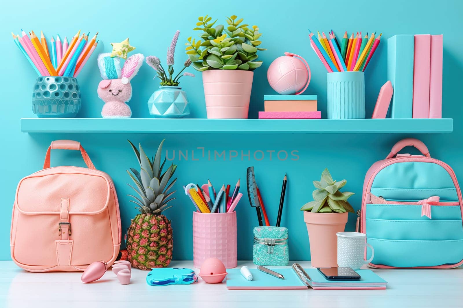 A colorful and organized study desk with school supplies and plants, perfect for a productive and creative back-to-school environment