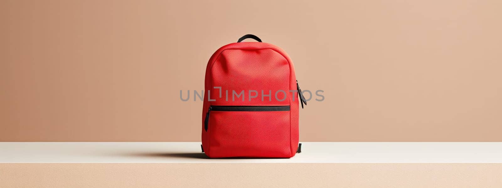 A stylish red backpack on a minimalist beige background, representing simplicity and functionality, perfect for back-to-school season.