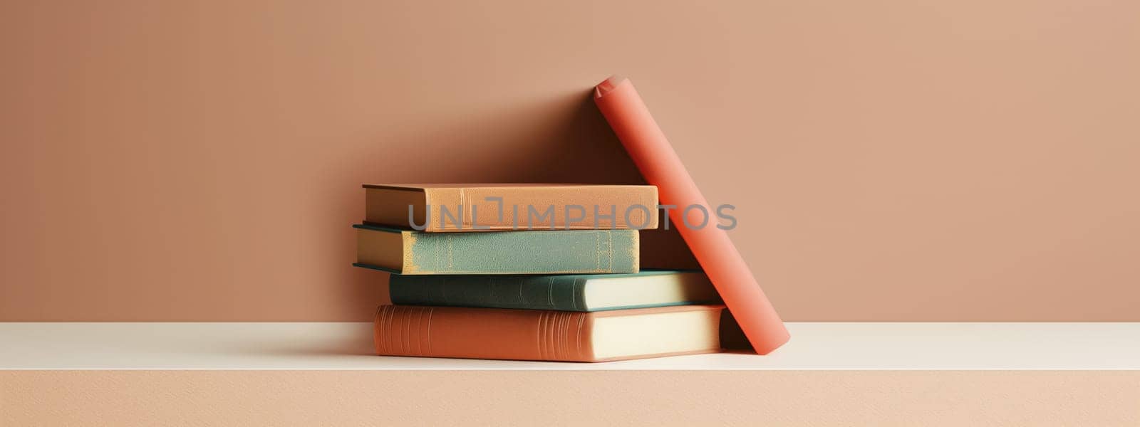 A stack of colorful books symbolizes education and knowledge, set against a minimalist background, perfect for back-to-school themes.